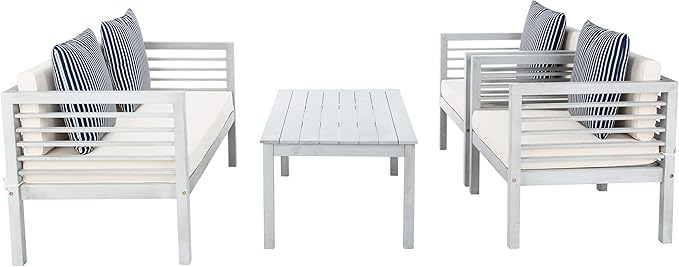 SAFAVIEH Outdoor Collection Alda Grey / Beige Cushions/ Striped Pillows 4-Piece Conversation Patio Set