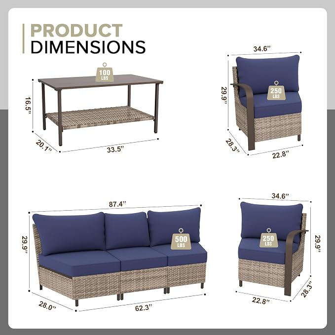 COOS BAY Aurora Terrace 4 Piece Outdoor Sectional Furniture Set, Half Moon Rattan Wicker Conversation Set with 5 Seat Sofa & Coffee Table for Patio Garden Yard, Beige/Blue