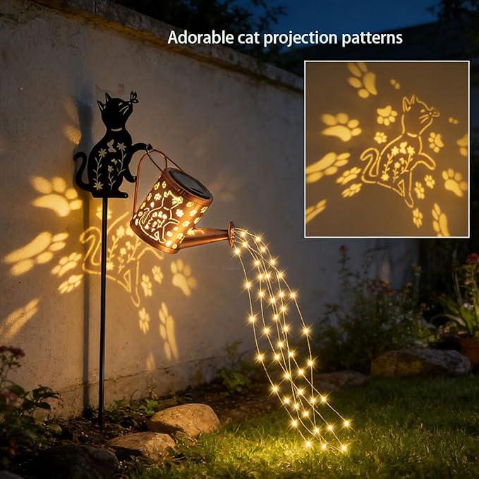 2 Pcs Solar Watering Can with Light, Outdoor Solar Cat Garden Decorative,Featuring Metal Cat Silhouette Stake, Gift for Women, Outdoor Waterproof,for Landscape,Lawn, Garden Path Decor