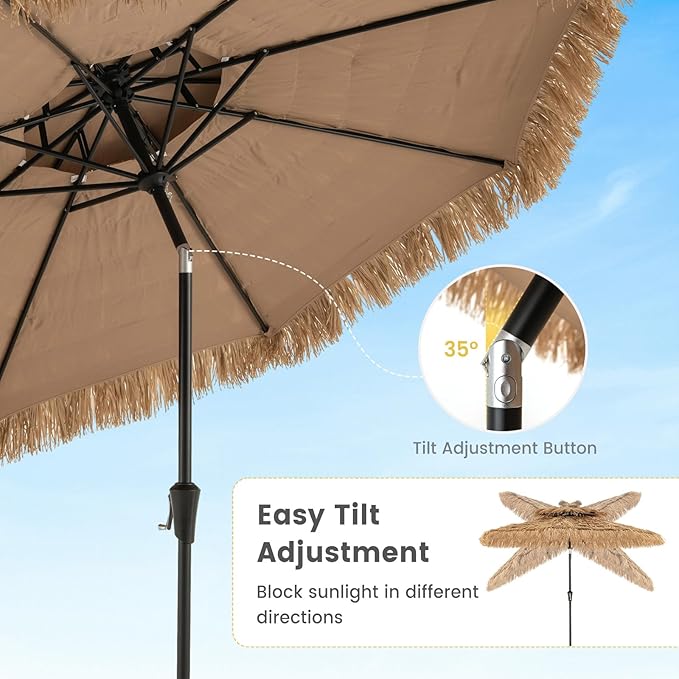 HAPPYGRILL 7.2FT Hula Thatched Tiki Umbrella w/Tilt, Hawaiian Style Beach Umbrella Patio Table Market Umbrella, Sun-Protective Portable Tropical Palapa for Outdoor Tiki Bar Garden Beach Pool Backyard (8.8 FT)