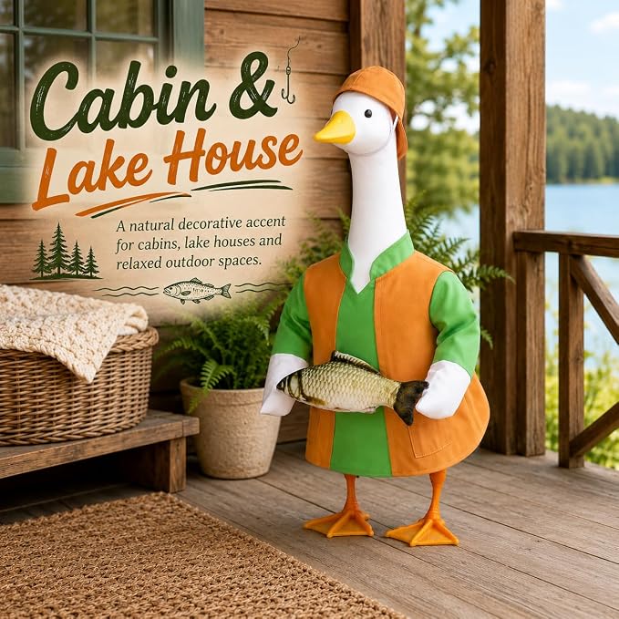 23" Porch Goose Outfits for Garden Yard Decor | Porch Goose Fisherman Outfit, Goose Clothes for Cement Duck for Summer Patio Party Decoration
