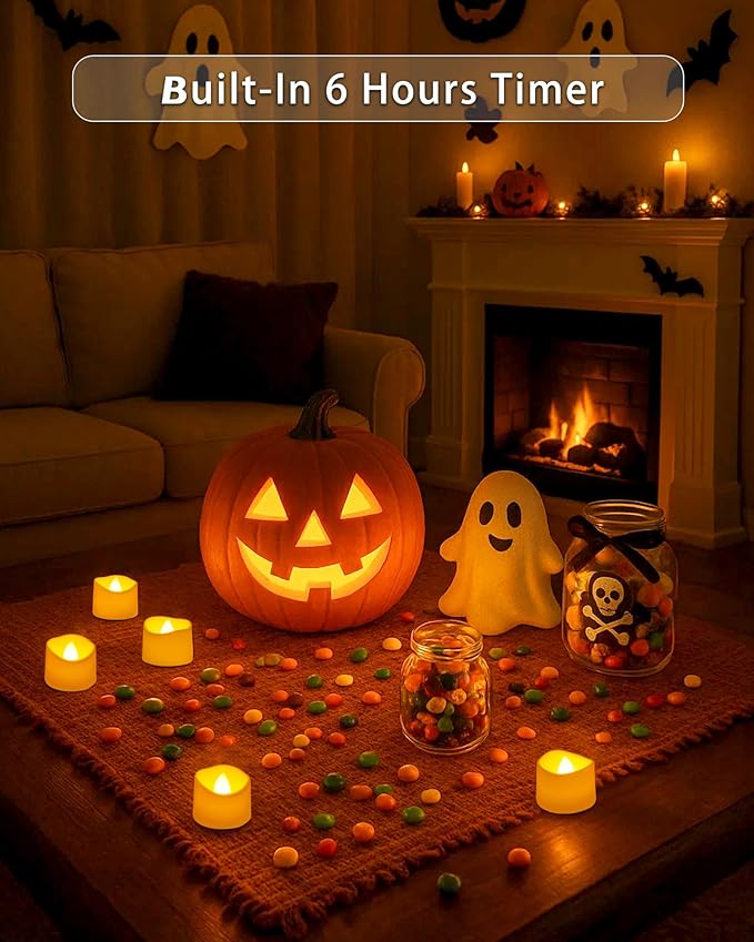 Raycare 12 Pack Tea Lights with Timer, 6H Timer Built-in, Flameless Battery Operated Tea Lights Flickering in Warm Yellow, Realistic Votive Candle for Halloween Wedding Christmas Party Home Decor