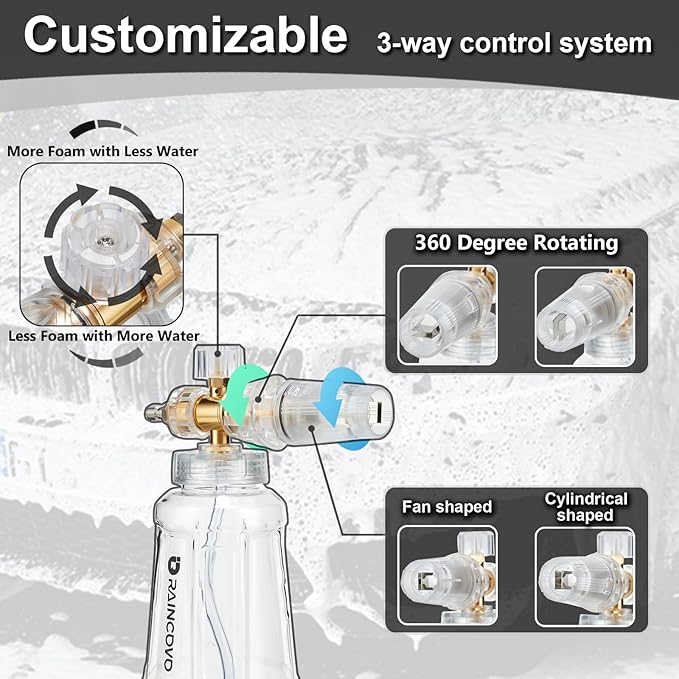 Raincovo Foam Cannon for Pressure Washer, Snow Clear Foam Cannon Dual Connector Accessories, Power Washer Soap Attachment for Car Wash, Stainless Steel Filter, 5 Nozzle Tips with Holder