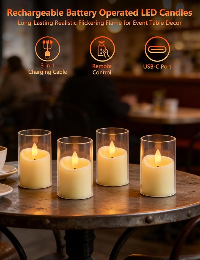 Rechargeable Acrylic Flameless LED Tea Lights with Timer, Flickering Warm Glow Votive Candles, Remote Battery Operated Set for Holiday & Daily Table Decor (Set of 6, White)