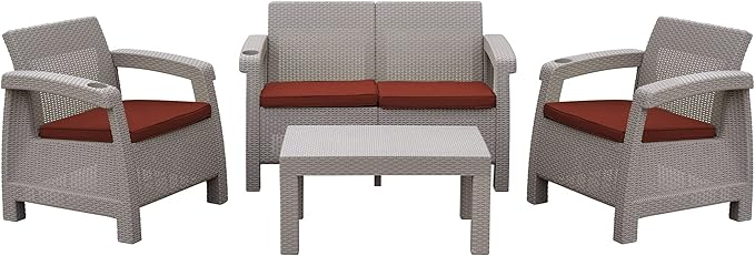 Jeco Pontus 4PC Grey Conversation Patio Set with Brick Red Cushion