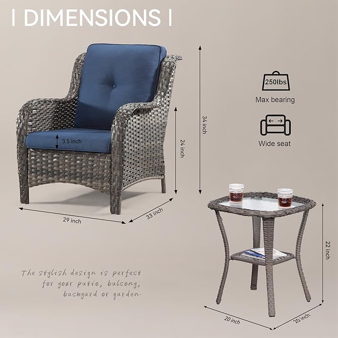 Wicker Chair Set 3-Piece Wicker Outdoor Furniture Conversational Sets with Two Armchairs & One Rattan Side Table, Olefin Cushions Included, Blue