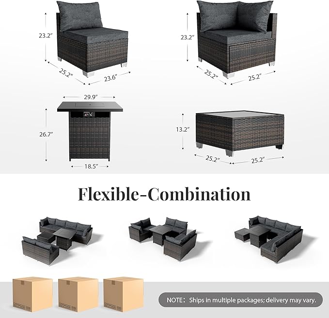 8 Piece Patio Furniture Set with 50000 BTU Fire Pit Table, Wicker Outdoor Patio Conversation Set with Propane Fire Pit, Waterproof Rattan Patio Couch Set for Backyard, Deck & Garden