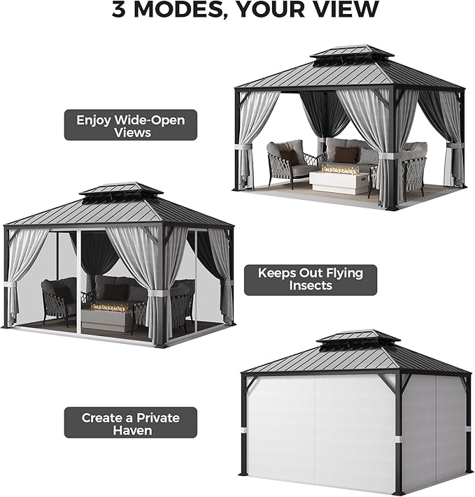 IRONCK 10'x12' Outdoor Hardtop Gazebo, Aluminum Patio Gazebo with Galvanized Steel Double Roof, Patio Pergola with Net and Curtain, Backyard Canopy for Garden, Deck, Black Gray