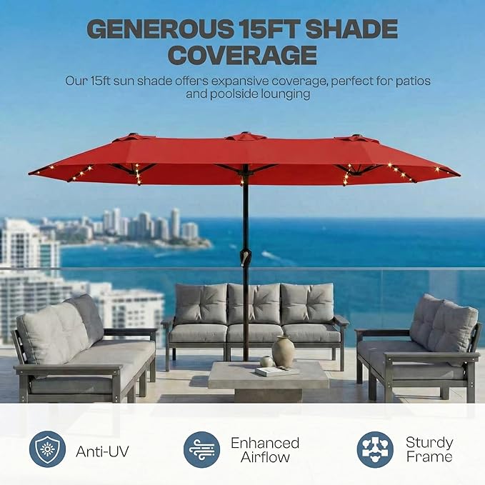 15FT Patio Umbrella with Solar Lights, Double-Sided Extra Large Outdoor Table Umbrella with Base Included, Heavy-Duty 12 Iron Ribs Market Umbrella for Garden, Pool, Backyard, Red