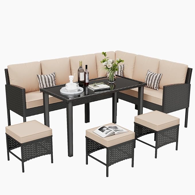 7-Piece Outdoor Patio Furniture Set, Wicker Sectional Sofa with Seat & Back Cushions & 3 Pillows, All-Weather Conversation Set with Long Glass Coffee Table for Garden, Porch, Lawn, Khaki