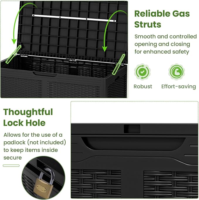 Giantex 100 Gallon Resin Outdoor Storage Box, Waterproof Deck Box w/Lockable Lid & Wheels, Rattan Storage Container Bench for Patio Cushions, Pool Accessories, Gardening Tools, 440 lbs (Black)