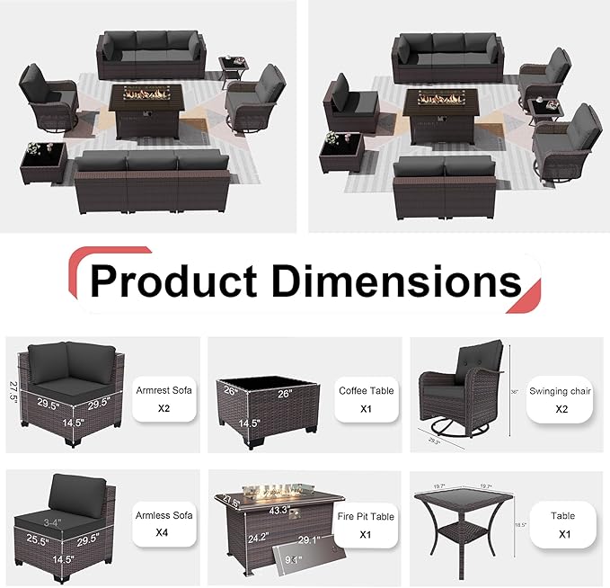 Patio Furniture Sectional Sofa Set 11PCS PE Rattan Swivel Rocking Chairs Patio Sofa Set, Outdoor Furniture Patio Conversation Set with 43in Propane Fire Pit and Coffee Table, Grey