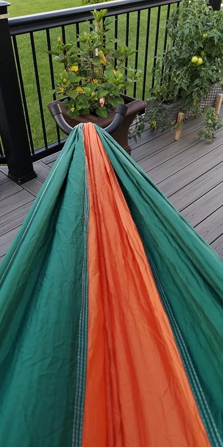 TJ Global Compact Lightweight Parachute Nylon Single Portable Hammocks for Hiking, Travel, Backpacking, Beach, Survival, Outdoors (Green/Orange)
