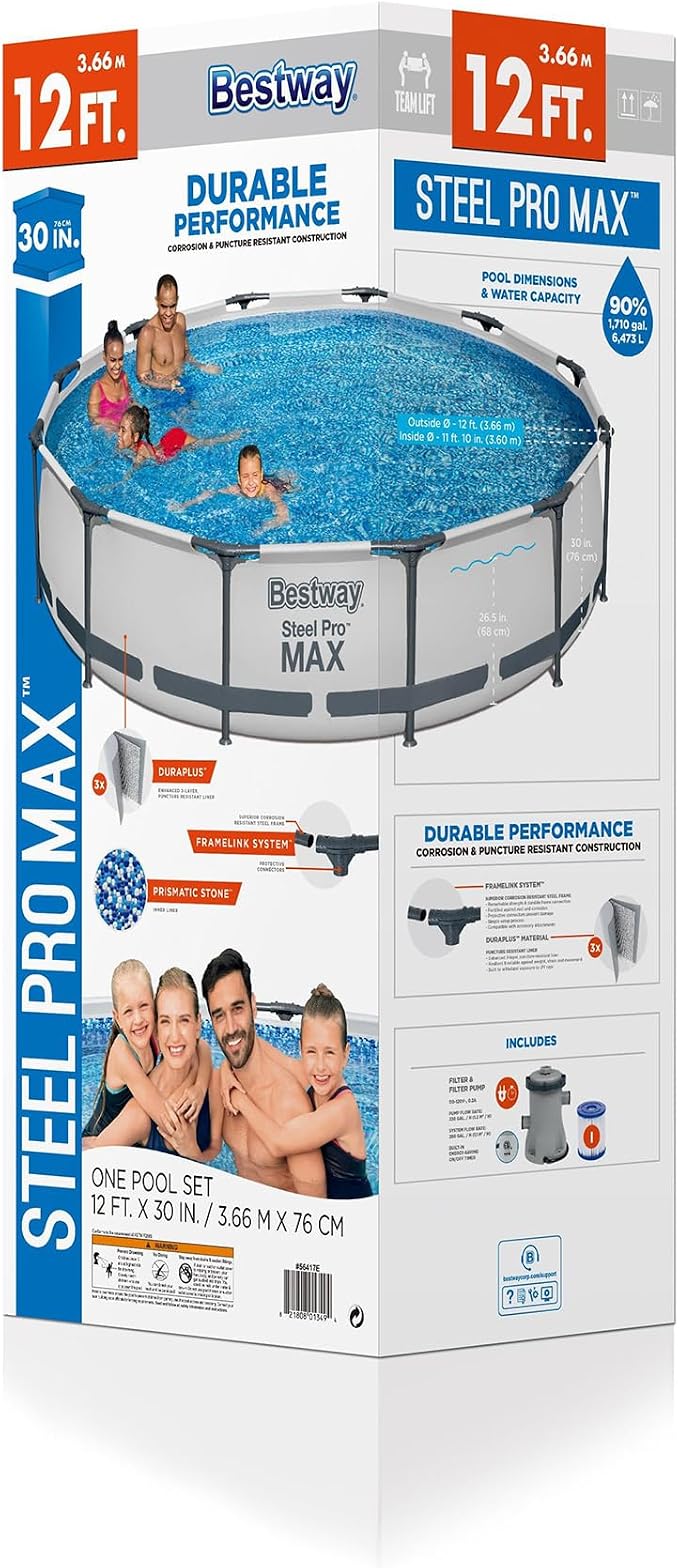Bestway Steel Pro MAX Above Ground Swimming Pool (12' x 30") | Round Outdoor Backyard Family Pool with Tritech® Puncture-Resistant Liner | Easy Setup | Includes Filter Pump for Clean, Clear Water