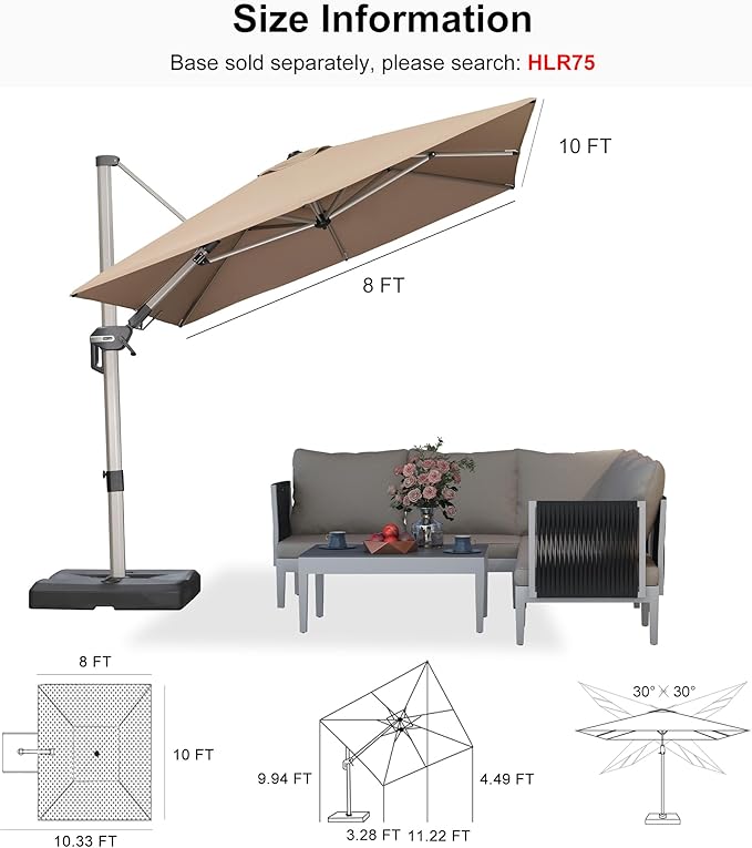 PURPLE LEAF 8' X 10' Left-right Tilting Patio Umbrella Outdoor Swivel Cantilever Umbrella Aluminum Offset Umbrella with Champagne Frame and 360-degree Rotation for Garden Deck Pool, Taupe