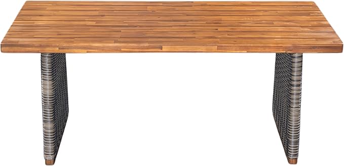 Christopher Knight Home Shuri Patio Acacia Wood Dining Table, Slatted Tabletop Outdoor Side Table with Handwoven Rattan Legs, Rectangular Outdoor Dining Table for Backyard/Garden, Grey + Teak
