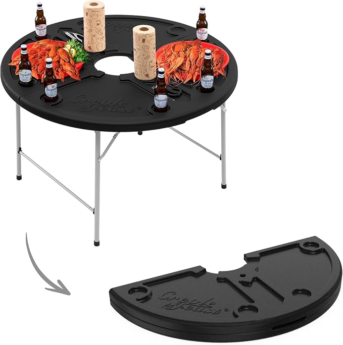 Creole Feast FT4804 Foldable Round Crawfish Table, 47 Inch Portable Seafood Table with Large Grooved Areas and Beverage Holders for Both Indoor & Outdoor Use, Black