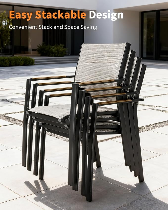 Expandable Outdoor Dining Set for 8, Never-Rust Aluminum Patio Swivel Dining Set, 38"-77" Extendable Outdoor Dining Table and 6 Double-Layer Textilene Stackable Patio Chairs for Porch, Teak