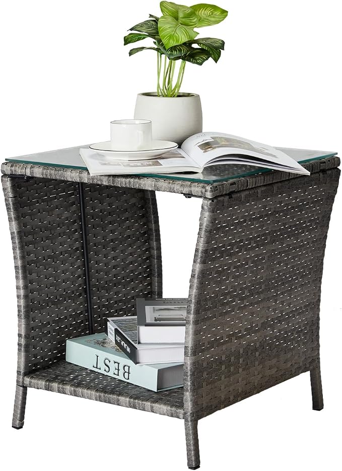 Bonnlo Garden Coffee Table, Small Grey Rattan Side Table, Weatherproof with Glass Top for Outside Balcony Conservatory, 46x46x50cm