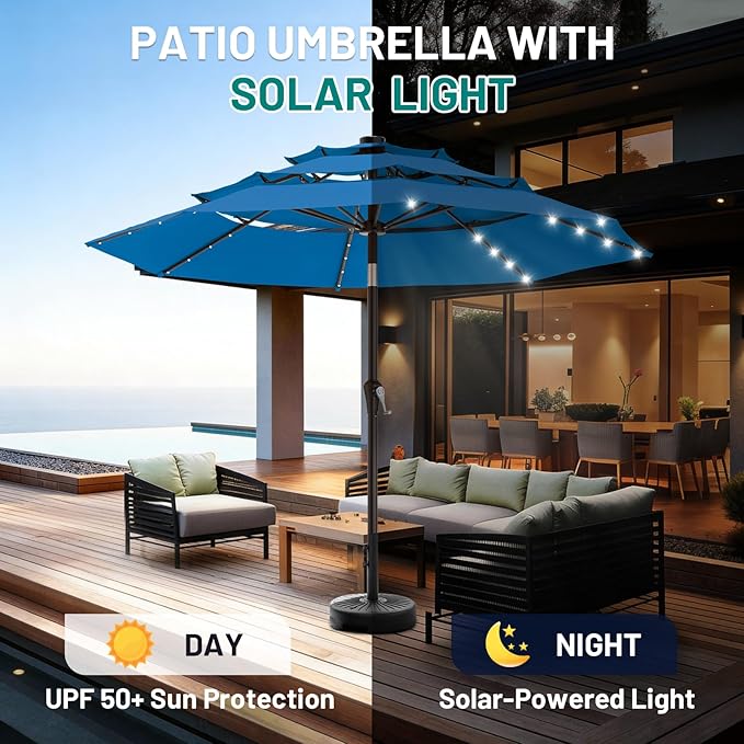 AreShark 9ft 3 Tiers Patio Umbrella with Solar Lights, Outdoor Umbrella w/ 32 LED Lights&8 Sturdy Ribs, Table Umbrella for Deck, Backyard, Pool (Royal Blue)