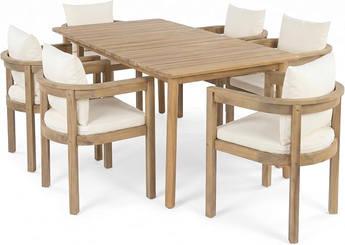 Merax Outdoor Acacia Wood Dining Set of 7, Patio 61" Large Dining Table,6 Club Dining Chairs with Cushions for 6 Person, Patio Dining Furniture Set for Deck, Yard, Porch, Beige + Teak