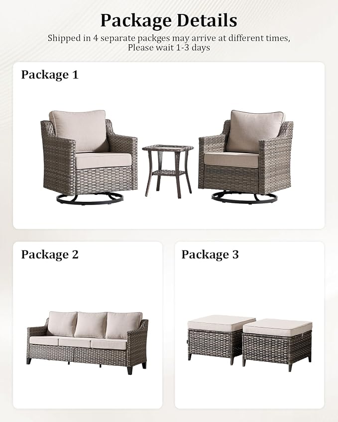 Outdoor Furniture Set of 9, Patio Furniture Set with 4 Wicker Swivel Rocker Chairs, 2 Ottomans, 2 Side Table and Sofa, High Back&Deep Seat for Garden Deck Porch Balcony Backyard - Beige