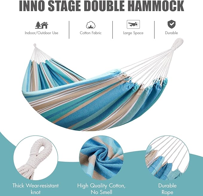 INNO STAGE 2 Persons Hammock with Tree Straps - Brazilian Double Hammocks, Portable Hanging Camping Bed for Patio, Backyard, Porch, Outdoor and Indoor Use Soft Cotton Carrying Bag, Blue, XX-Large