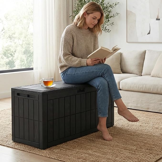 100 Gallon Large Deck Box, Outdoor Resin Storage Boxes for Patio Furniture, Outdoor Cushions, Garden Tools, Water Resistant and Lockable, 48.03 x 24.02 x 21.26 in, Black