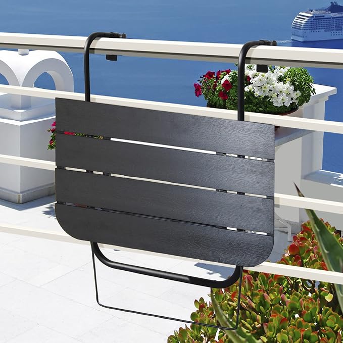 Balcony Table Hanging Deck Railing Table Outdoor Balcony Bar Tables for Railings Aluminium Folding Adjustable for Patio Deck Garden Baluster Windows 23.6" x 15.7", All Weather Space Saving Black