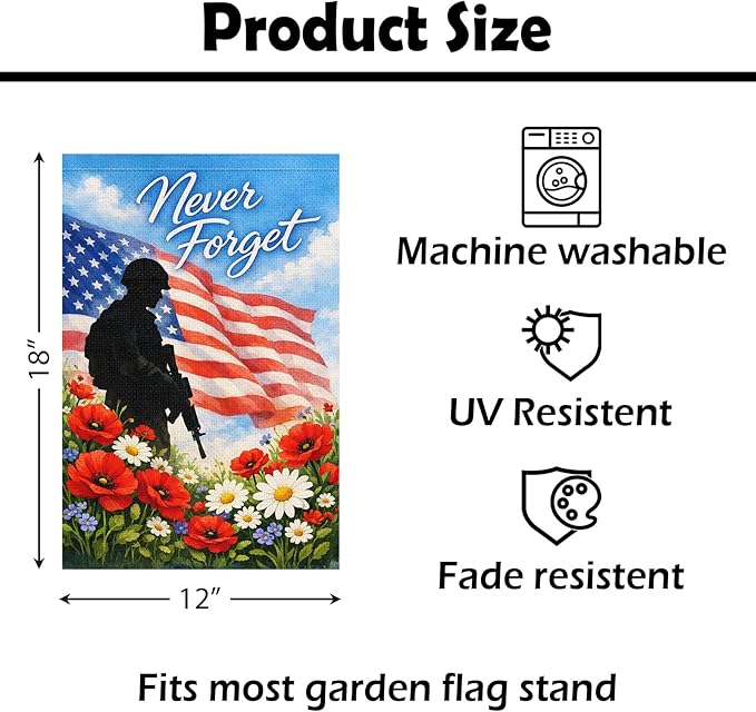 Heyfibro Memorial Day Never Forget Garden Flag 12x18 Inch Double Sided 4th of July Veteran House Flags Patriotic Independence Day Garden Flag for Outside Yard Decorations