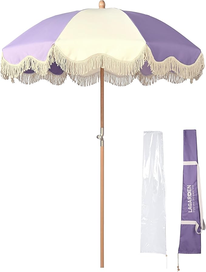 LAGarden Fringe Patio Umbrella with Carry Bag & Cover Vintage Wood for Event Outdoor Garden Yard Wedding Bistro Table