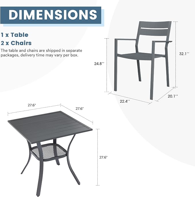 DIFY 3 Pieces Outdoor Patio Dining Set for 2, 27.6" Small Square Metal Dining Table and 2 Patio Stackable Chairs with Metal Frame, Outdoor Table and Chairs for Garden Porch, Grey