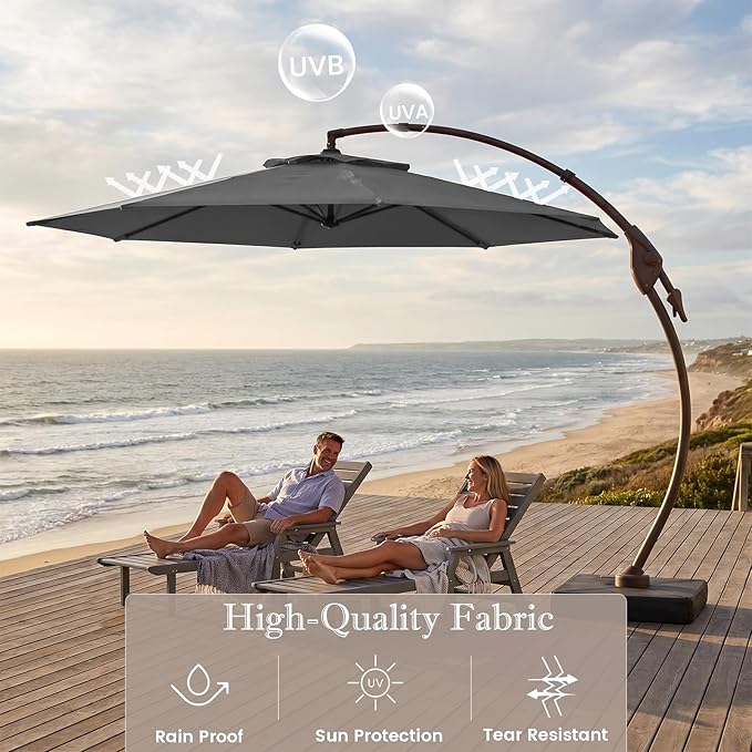 Cantilever Umbrella with Heavy-Duty Base, Outdoor Large Round Aluminum Offset Umbrella for Patio Garden Backyard, UV-Resistant Waterproof Canopy, 360° Rotation & Tilt Adjustment