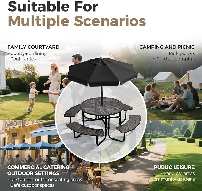 46" Coated Round Metal Picnic Table for 4-8 Person, Durable Heavy Duty Commercial Picnic Table with Umbrella Hole for Outdoor Coffee Shop, School, Easy to Install, Black