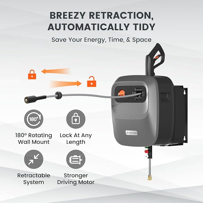 Giraffe Tools Pressure Washer Pivoting Coupler, 7 Angles Gutter Cleaner Attachment and Grandfalls Pressure Washer G20 Pro, 2500 PSI 2.2 GPM, 180° Wall Mount, Auto-Retract with 65FT Hose