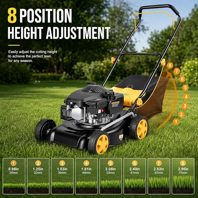 16 Inch Gas Lawn Mower 132CC 4-Stroke Push Lawn Mower with 8-Position Height Adjustment, 45L Grass Bag, 15.75 Inch Cutting Width, Walk Behind Grass Cutter for Yard Garden Orchard Lawn Care