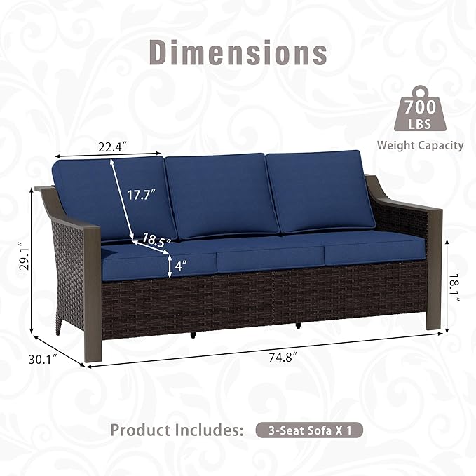 74 Inch Patio 3-Seater Sofa,PE Wicker Outdoor Lounge with Thick Removable Water-Resistant Cushions, Rust-Proof Steel Frame, 900LBS Capacity, Blue