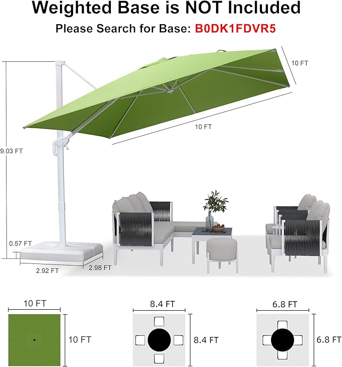 PURPLE LEAF 10 FT Patio Umbrella White Cantilever Umbrella Aluminum Square Outdoor Offset Umbrella Hanging Windproof with 360° Rotation for Garden Deck Pool, Green