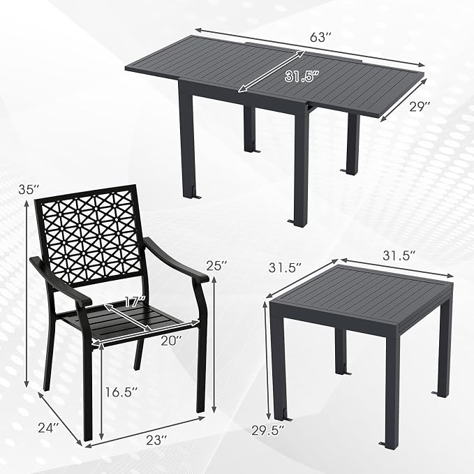 Tangkula 7 Pieces Outdoor Dining Set for 6 with Expandable Table, Patio Aluminum Rectangular Slatted Tabletop Table and Stackable Armchairs, for Deck, Garden, Backyard and Poolside