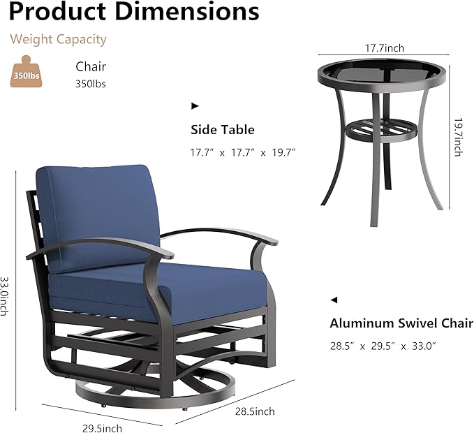 3 Piece Aluminum Swivel Rocking Chair Set, Outdoor Patio Swivel Gliders Chair with Glass Top Coffee Table, Conversation Furniture Set Suitable for Patio, Lawn, Outdoor, Back Garden(Dark Blue)