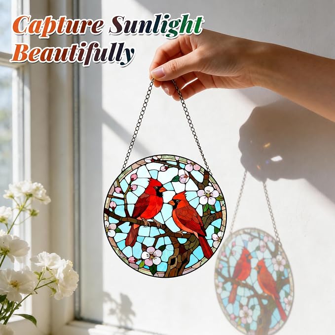 Cardinal Pair Stained Glass Suncatcher Window Hanging Bird Memorial Gift | 6.3in Garden Sun Catcher, Red Cardinals Patio Decor, Gifts for Mom Grandma Bird Lovers & Valentine Day, Christmas Ornaments
