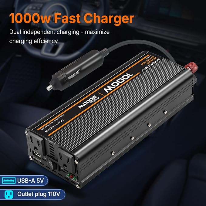 1000W Power Inverter, Inverter 12V to 110V with 2 AC Outlets, 2.1A USB Port, Car Power Inverter with Alligator Battery Clamp for Phone, Laptop on Camping, Road Trip