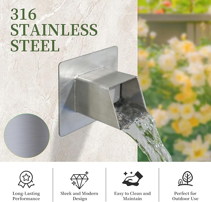 316 Stainless Steel 1.2-Inch Wall-Mounted Water Spout - Durable Outdoor Garden Square Waterfall Spillway with Integrated Spray Baffle, Modern Design for Patio, and Landscaping (Silver)