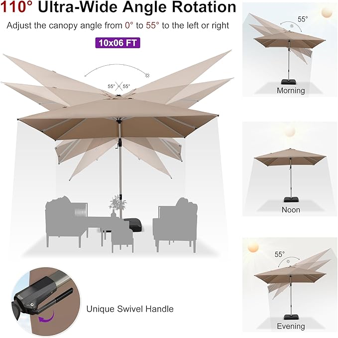 PURPLE LEAF 10' X 6.5' Left-right Tilting Patio Umbrella Outdoor Swivel Cantilever Umbrella Aluminum Offset Umbrella with Champagne Frame and 360-degree Rotation for Garden Deck Pool, Taupe