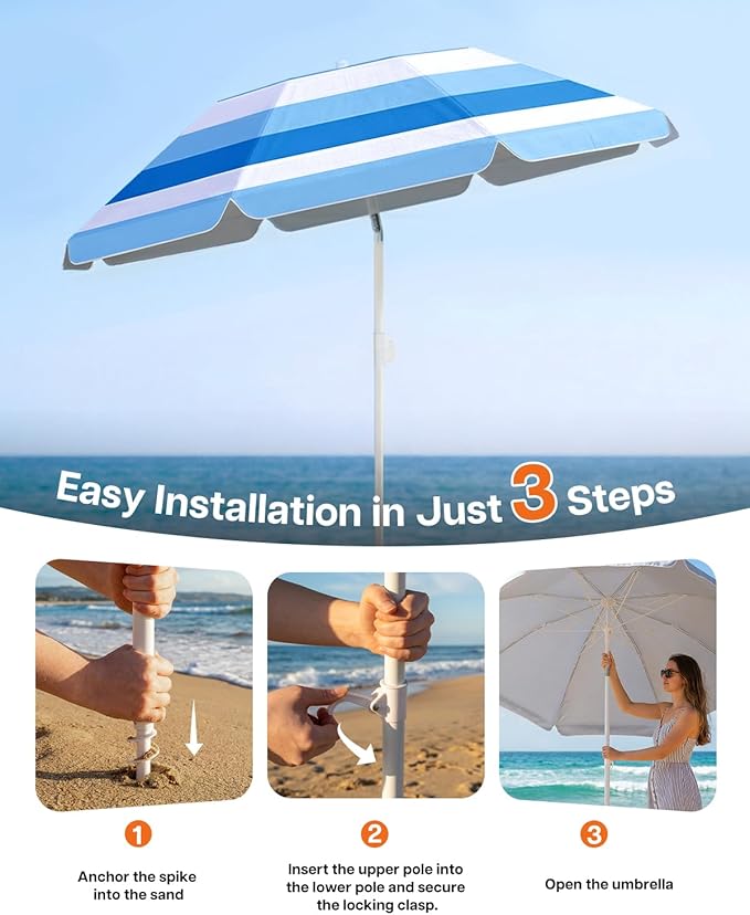 paramondo Beach Umbrella with Sand Anchor, Ultimate Adjustable Shade with Tilt & 360° Rotation, Portable 6FT Round Umbrella with Carry Bag, Windproof for Pool Patio Beach