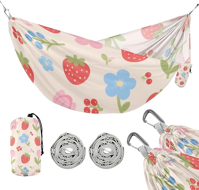Lovely Red Strawberry Flowers 330lb Capacity Hammocks with Portabl Carry Bag Indoor Hammock for Camping & Hiking Essential hamaca para adultos