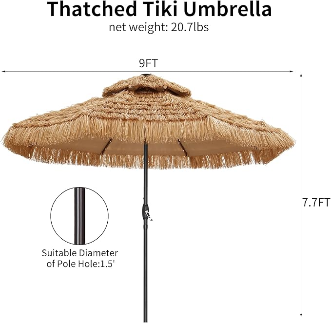 GDY 9 ft 2-Tier Solar Tiki Umbrella, 32 LED Ligths Hula Thatched Tiki Umbrellas, Straw Umbrella, Pool, Patio, Beach