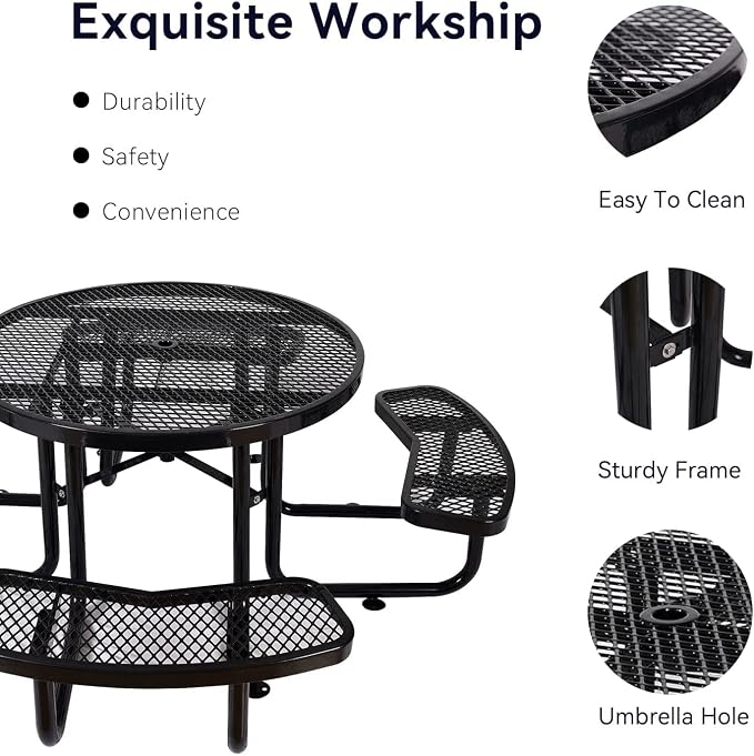 Heavy Duty Picnic Table for Outdoors 3200 lbs Load All Metal Dining Table with Umbrella Hole up to 1.5", Round Camping Table for Commercial Picnic Table with Benches, Black