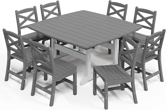 All Weather Patio Dining Table Set for 8, HDPE Heavy Duty Outdoor Rectangular Table & 8 Chairs, 9PCS Outdoor Furniture Set for Patio Garden Lawn, White and Grey