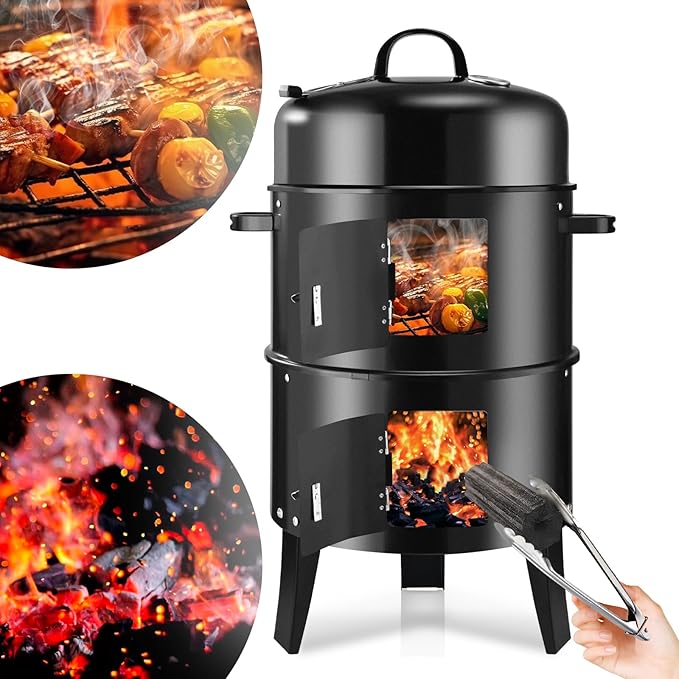 T001-2 19-inch BBQ Charcoal Smoker, Heavy Duty Round Smoking-Vertical Multi-Layer Pellet Smoker for Meats-Offset Charcoal Grill with Thermometer, Black
